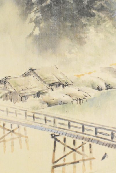 K3399 模写 碧涛「雨の嵐山」絹本 在銘 筏 梅雨 中国 日本画 古画 絵画 掛軸 掛け軸 古美術 アート 人が書いたもの_画像7