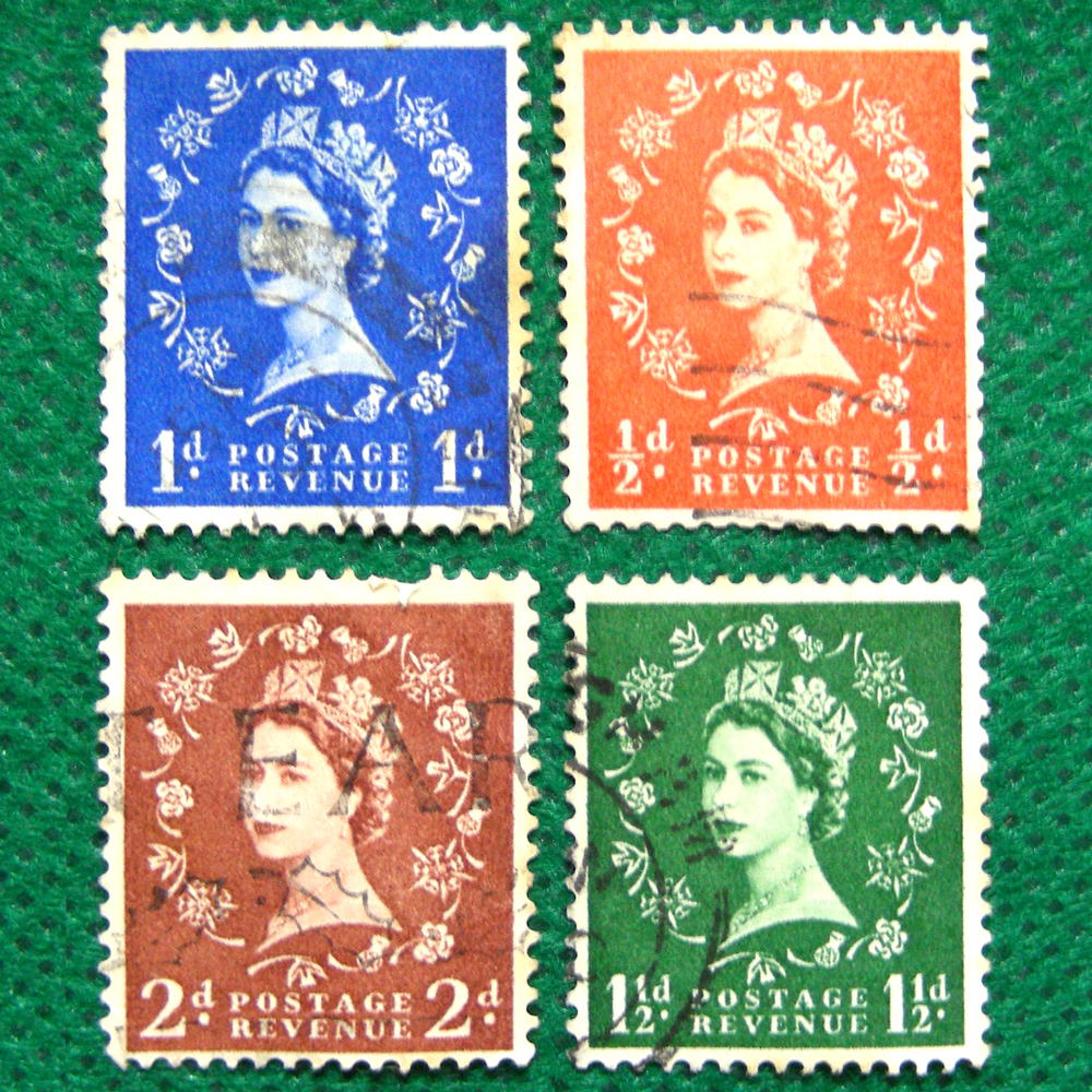 【英国エリザベス2世切手】1952-1954 切手４枚 額面 d, 1d, 1d, 2d　使用済４枚　切手[g32c]_画像1