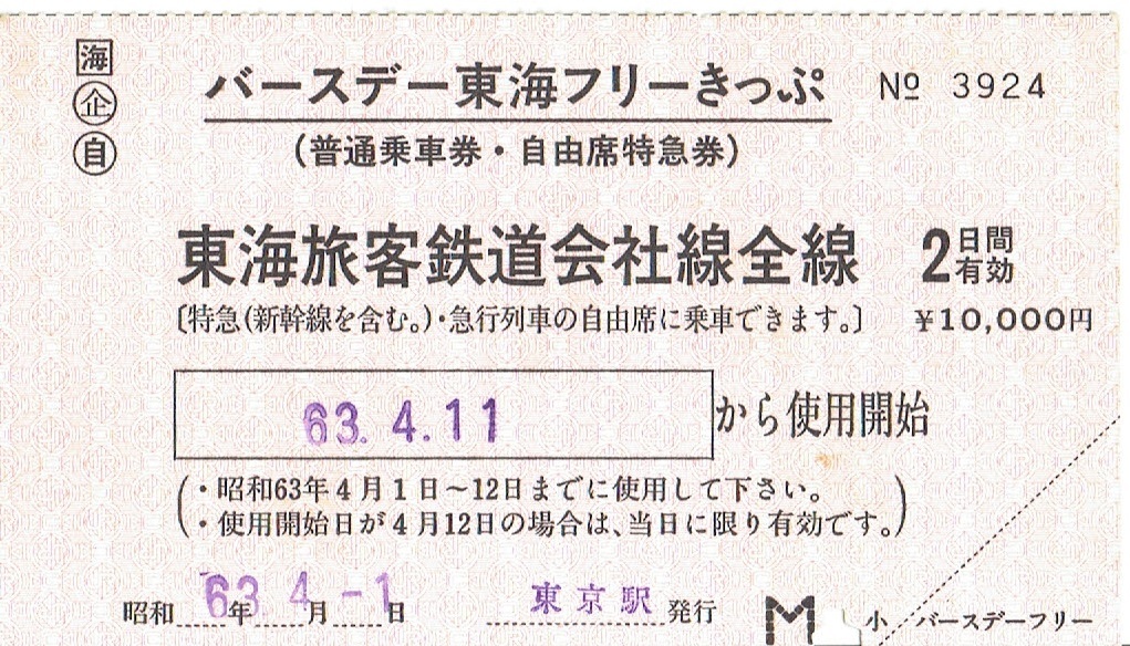 [ free passenger ticket ] birthday Tokai free tickets Showa era 63 year 