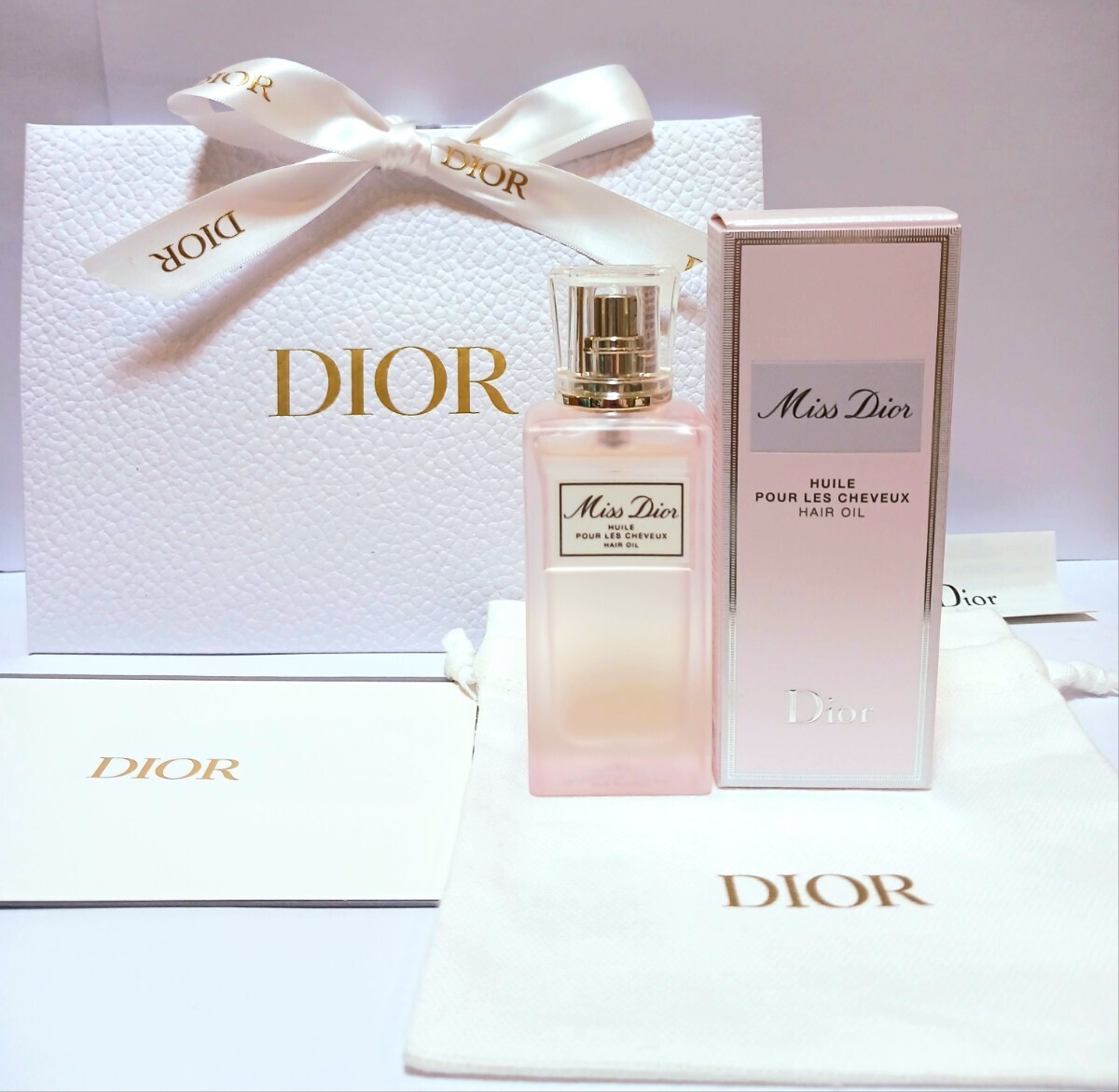 新品 Dior ミス ディオール ヘアオイル 30ml ギフトバッグ ラッピング 巾着 カード Miss Dior ブルーミング ブーケ ヘア オイル ヘアケア_画像1