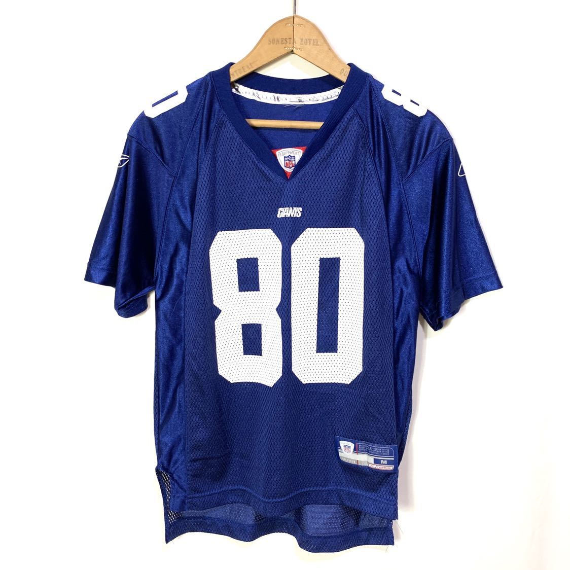 ■Reebok リーボック NFL アメフト ニューヨーク・ジャイアンツ #80 メッシュ フットボール Tシャツ ブルー サイズM 古着 スポーツ■_画像1