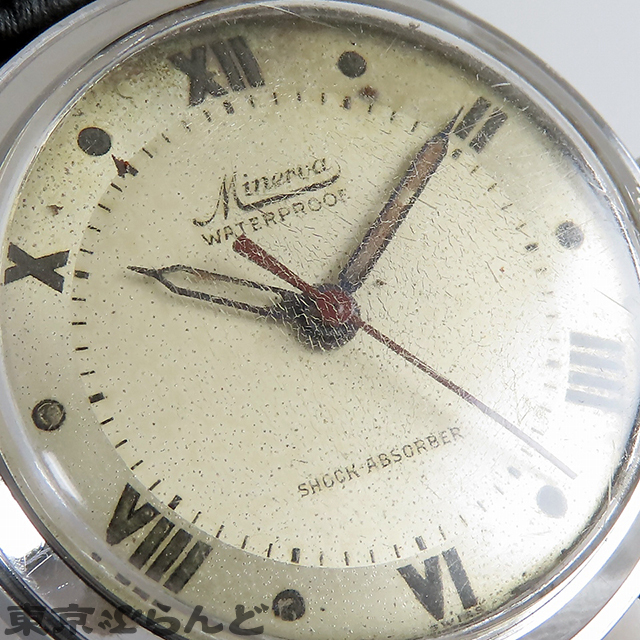 101721221 1円 ミネルバ Minerva アンティークウォッチ シルバー SS レザー スクリューバック ローマン 腕時計 メンズ 手巻式 ヴィンテージの画像5