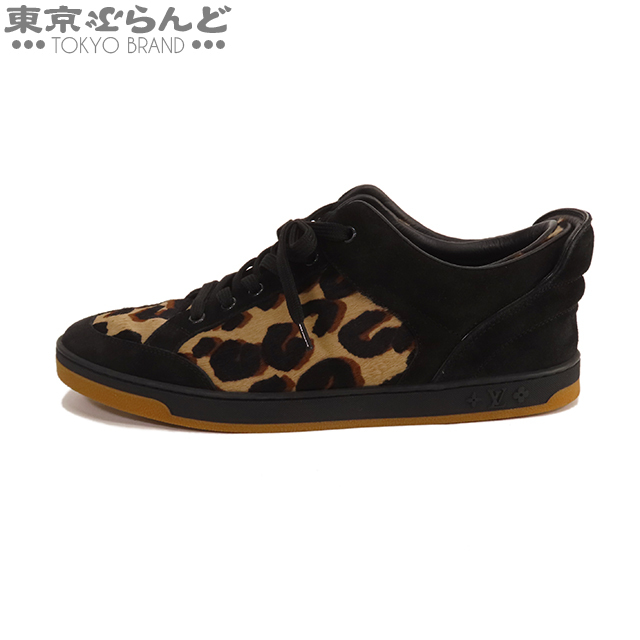 101706457 ルイヴィトン LOUIS VUITTON ローカット スニーカー ブラック ブラウン ハラコ レザー レオパード柄 37-1/2 レディース_画像1