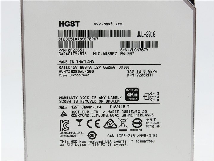 HGST 3.5インチ SATA 8TB 7.2K HDD HUH728080AL4200　動作確認済み　送料無料_画像2