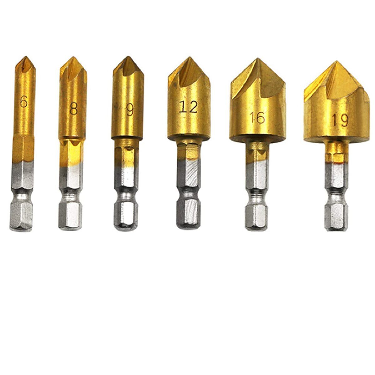  chamfer cutter drill bit 6 pcs set hexagon axis chamfer bit 6~19mm deburring plate taking . drill drill plate taking drill hole under drill seat ..5 sheets blade 