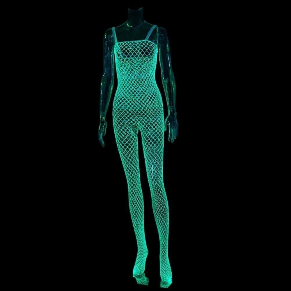  this season new work night light UV fluorescence green fish net shoulder shoulder attaching type body stockings hole costume play clothes Night wear 