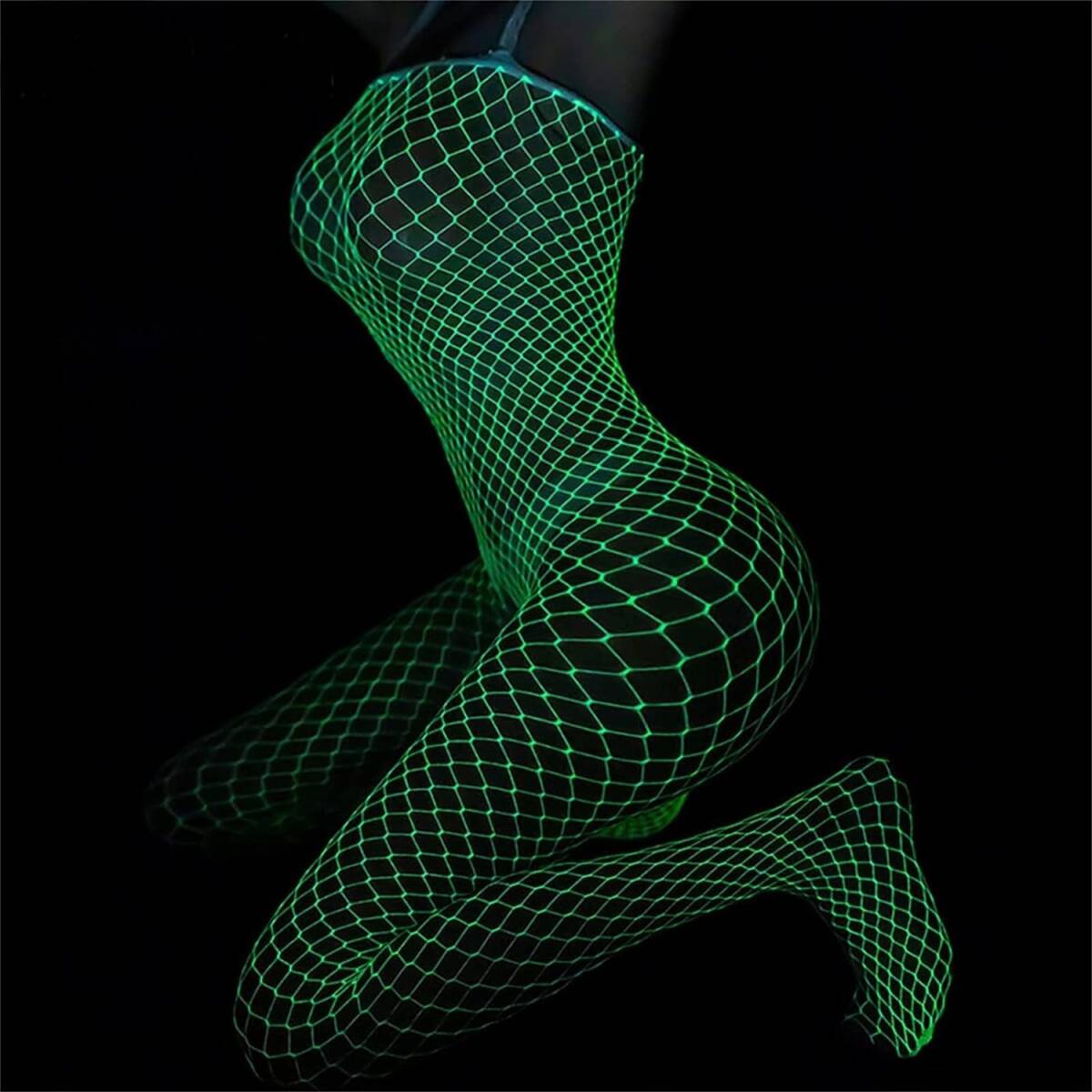  this season new work night light UV fluorescence green fish net shoulder shoulder attaching type body stockings hole costume play clothes Night wear 