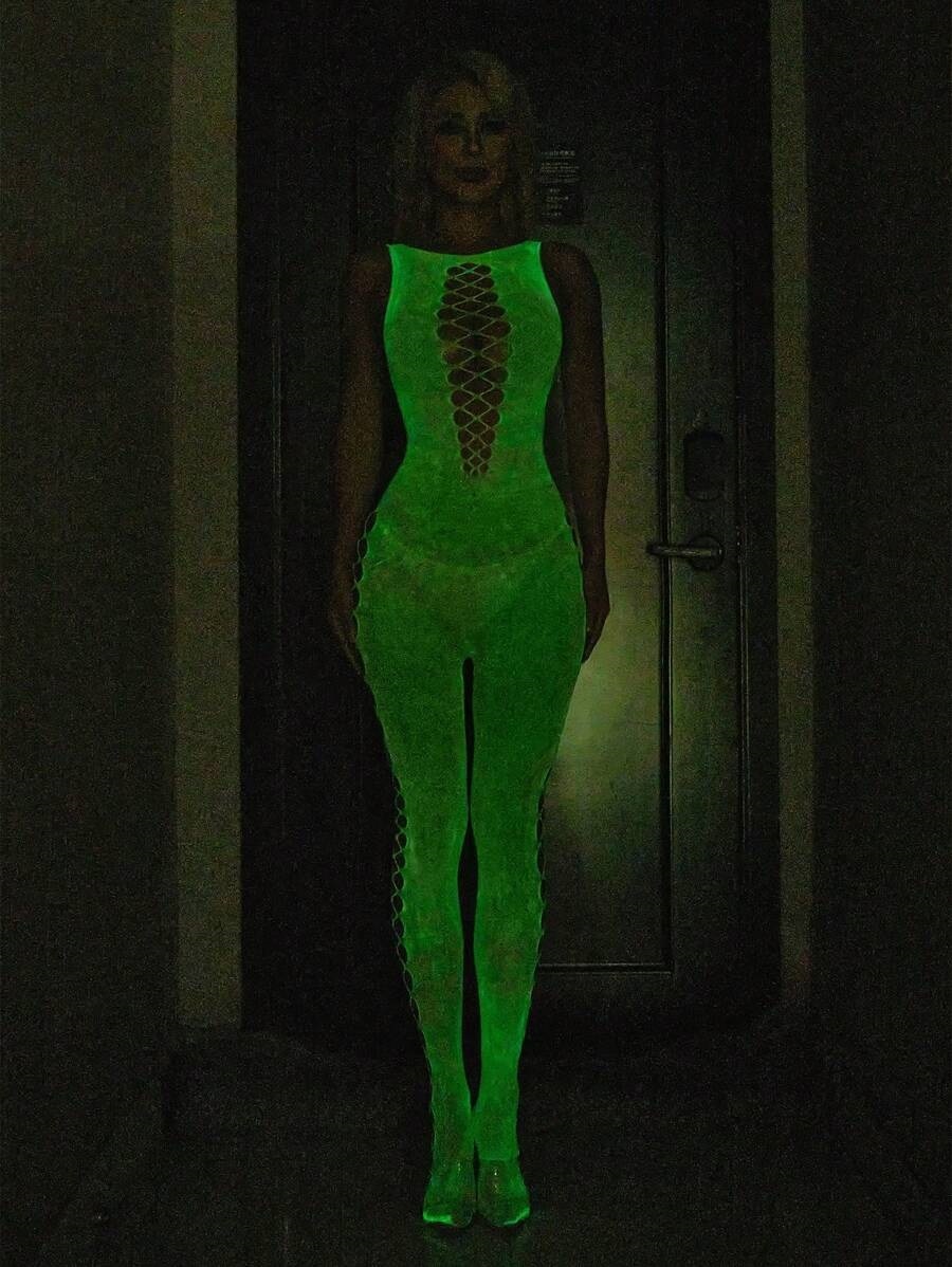 今季新作 6620 夜光UV蛍光グリーン ノースリーブタイプボディストッキング 穴あきコスプレ衣装ナイトウエアの画像2