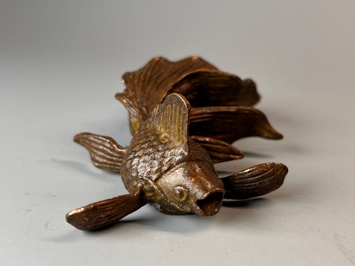 古美術 煎茶道具 置物 刻印あり 細工金魚 時代物 骨董品 金属工芸 茶道具