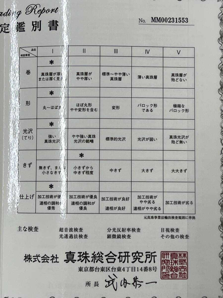 真珠総合研究所 アコヤ養殖 真珠 鑑別書 パール ネックレス 無調色 ナチュラルホワイト 8.0-8.5mmの画像7