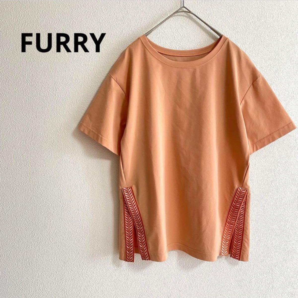 w423 ファーリー　FURRY【M】Tシャツ　刺繍　スリット　エスニック　カットソー　オレンジ　クルーネック　シンプル