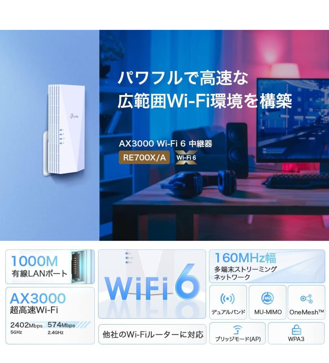 y050908fk TP-Link Wi-Fi 無線LAN 中継器 Wi-Fi6 対応 2402 + 574Mbps 11ax/ac APモード HE160 ブリッジモードギガ有線LANポート RE700X/A_画像7