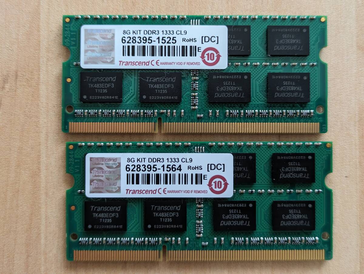 【中古・動作確認済】ノートPC用メモリ Transcend 8G KIT DDR3 1333 CL9 2枚の画像1