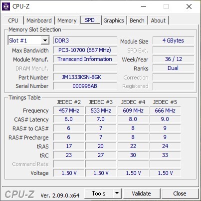 【中古・動作確認済】ノートPC用メモリ Transcend 8G KIT DDR3 1333 CL9 2枚の画像5