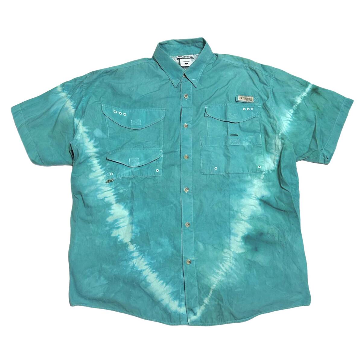 希少 タイダイ 染め【COLUMBIA PFG コロンビア バハマシャツ タイダイ染め グリーン 半袖】アメリカ USA アウトドア キャンプ サファリ 90s