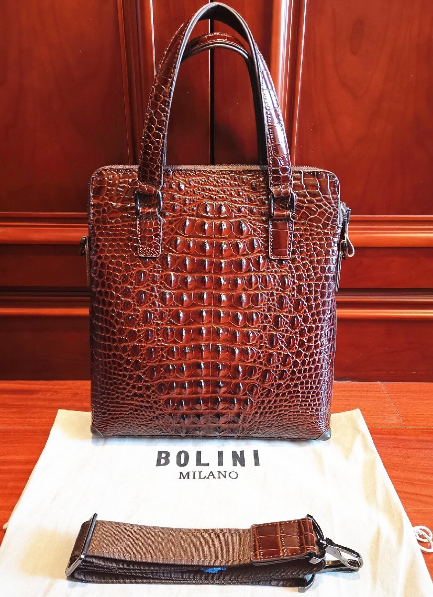 最上級逸品※定価18万◆イタリア・ミラノ発*BOLINI/ボリニ・最上級牛革・クロコダイル*トートバッグ/茶色_画像2