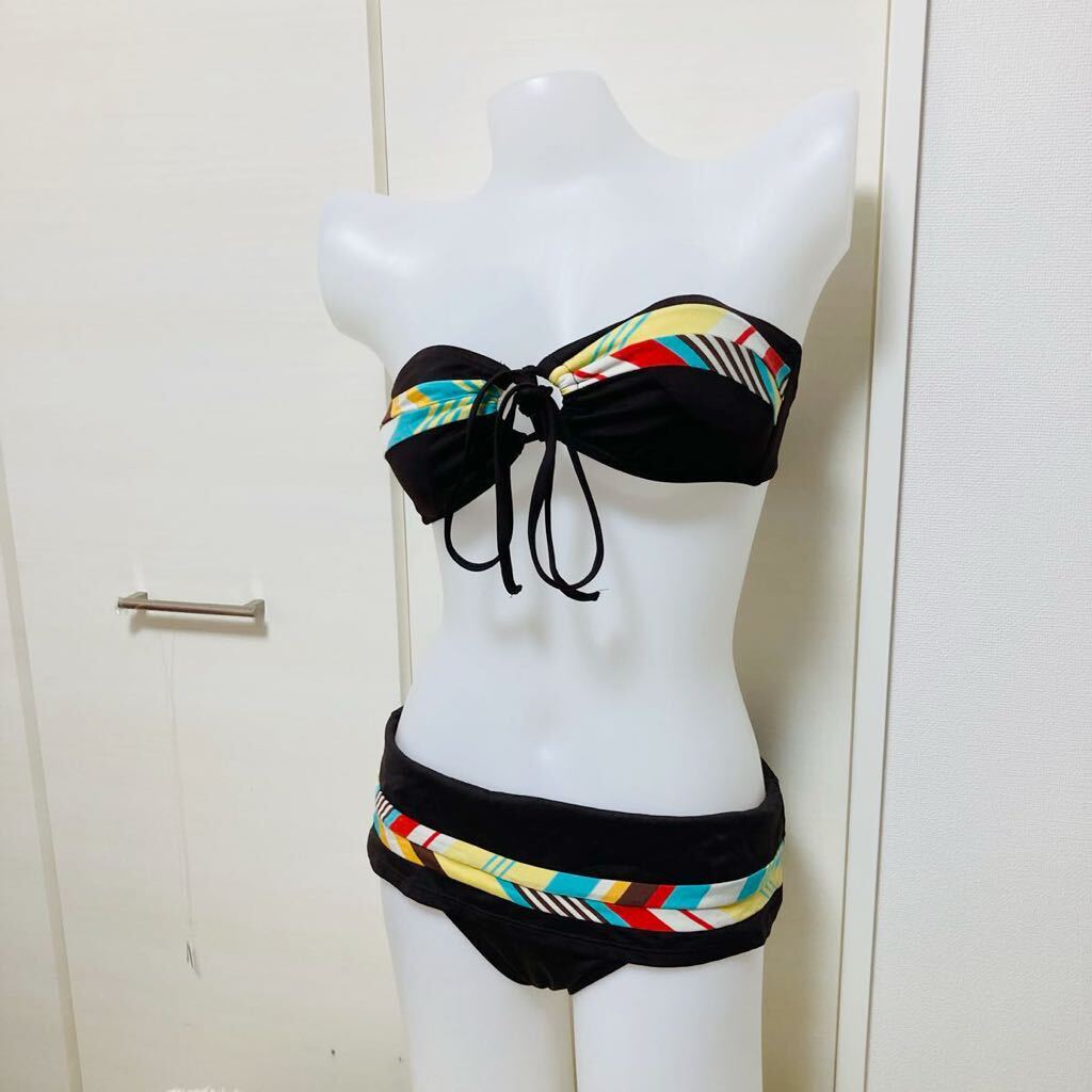 133[ swimsuit setup ] separate bikini tube top ribbon setup pretty woman adult lady's multicolor Brown S size 