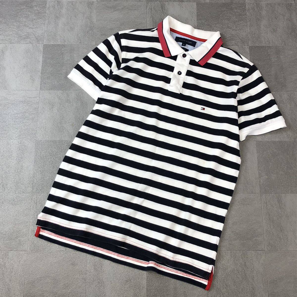 TOMMYHILFIGER トミーヒルフィガー　ボーダー半袖ポロシャツ ポロシャツ Slim Fit スリムフィット　ネイビーホワイト　サイズM 古着_画像1