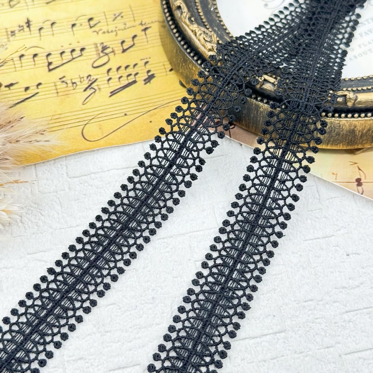 S481【12.5m】高品質ハシゴ刺繍ケミカルレース　飾りレースリボン　黒 