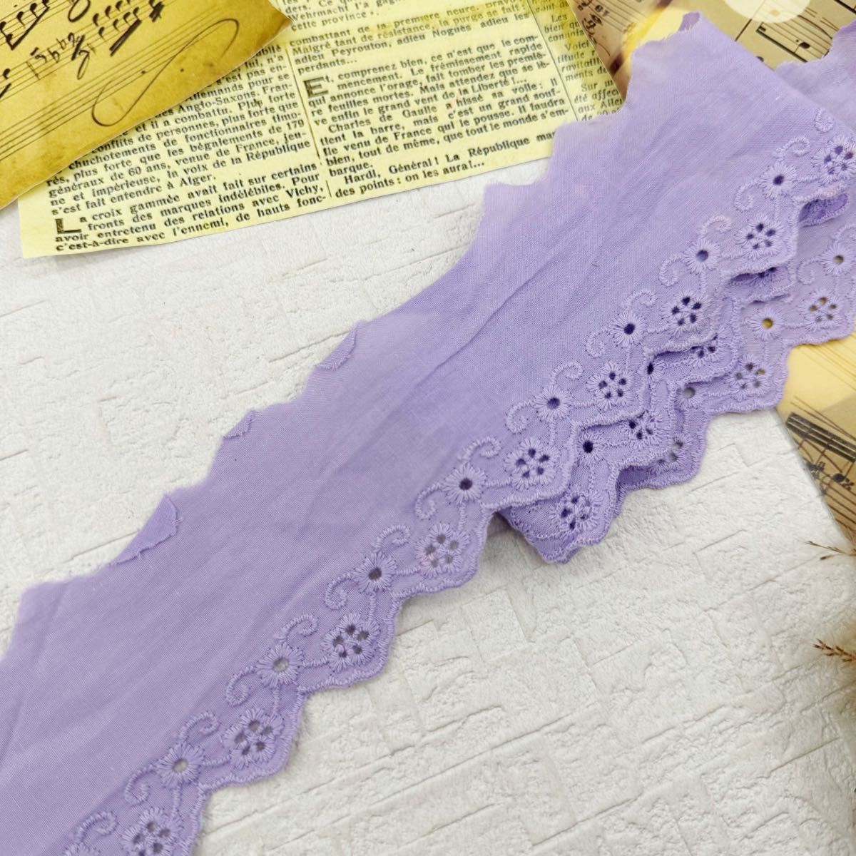 S512【26m】花柄コットン刺繍　レース綿刺繍レース生地　紫