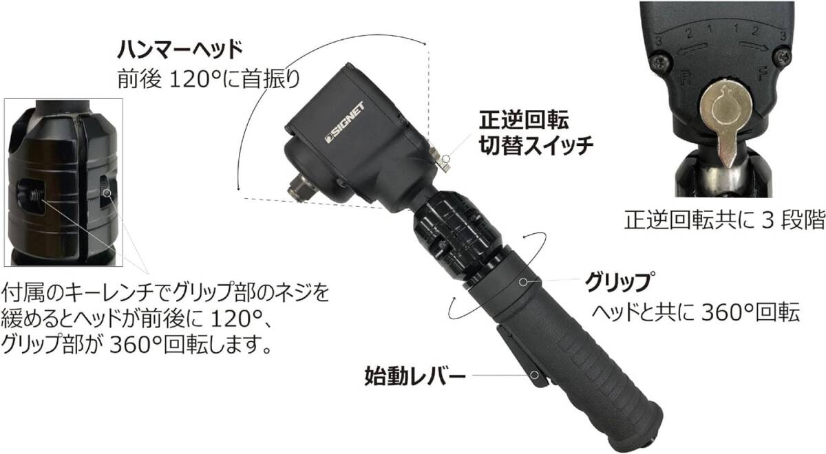 エアーインパクトレンチ フレックスアングルヘッド ジャンボハンマー ナット着脱 ボルト着脱 最大トルク６１０Ｎｍ　空圧式 首振り式_画像3