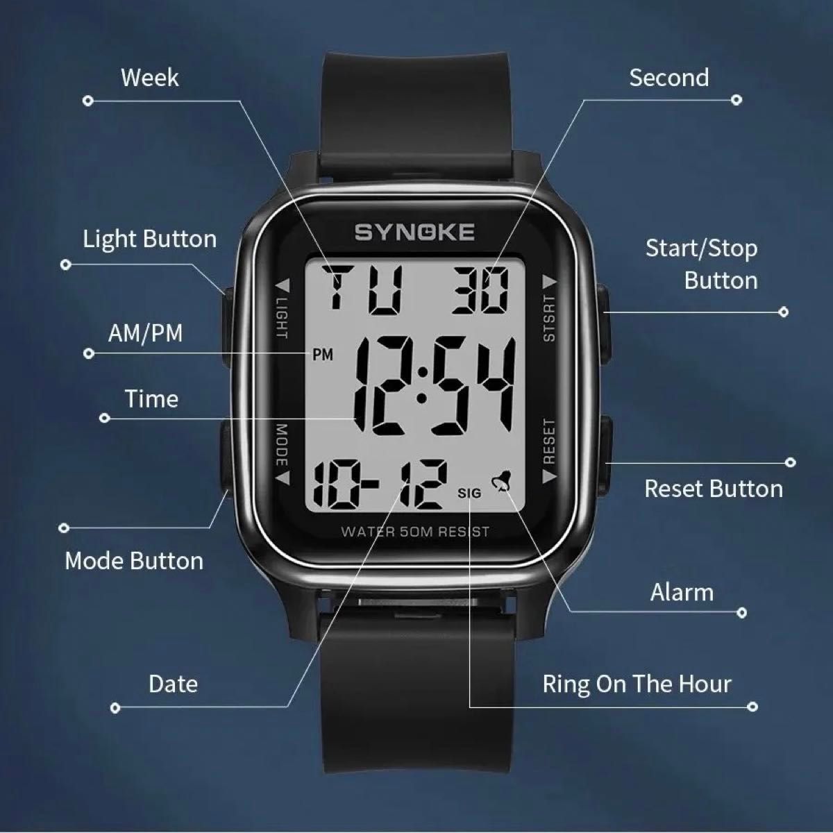 新品 SYNOKEスポーツデジタル 防水 デジタルストップウォッチ メンズ腕時計 スクエア ブラック 9836