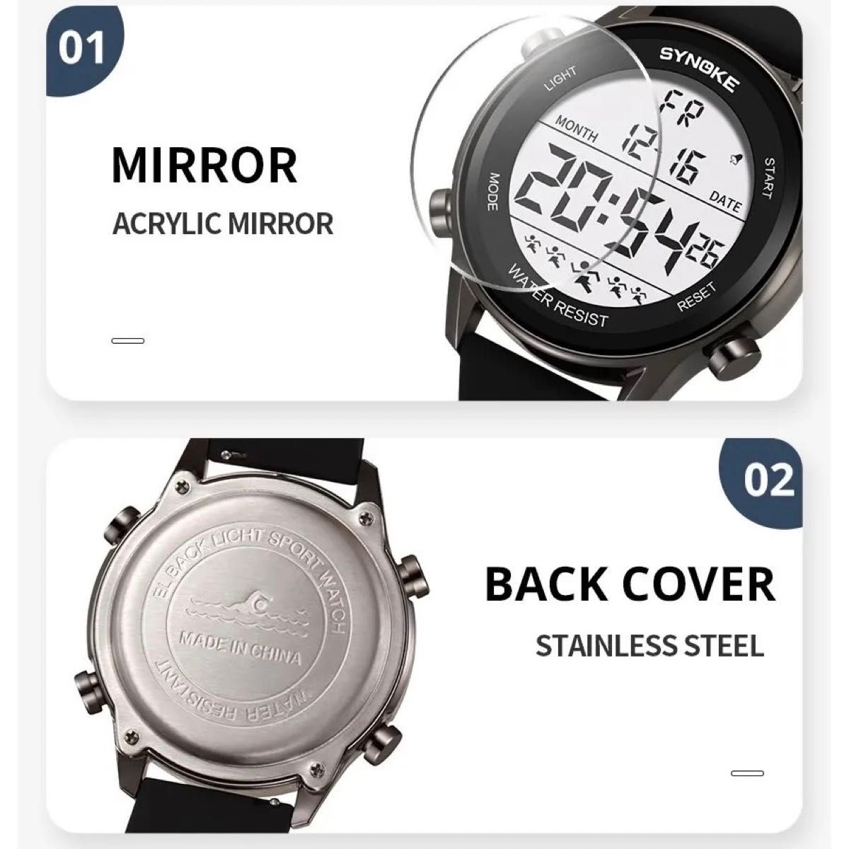 新品 SYNOKEスポーツデジタル 防水 デジタルストップウォッチ メンズ腕時計 9825 ブラック