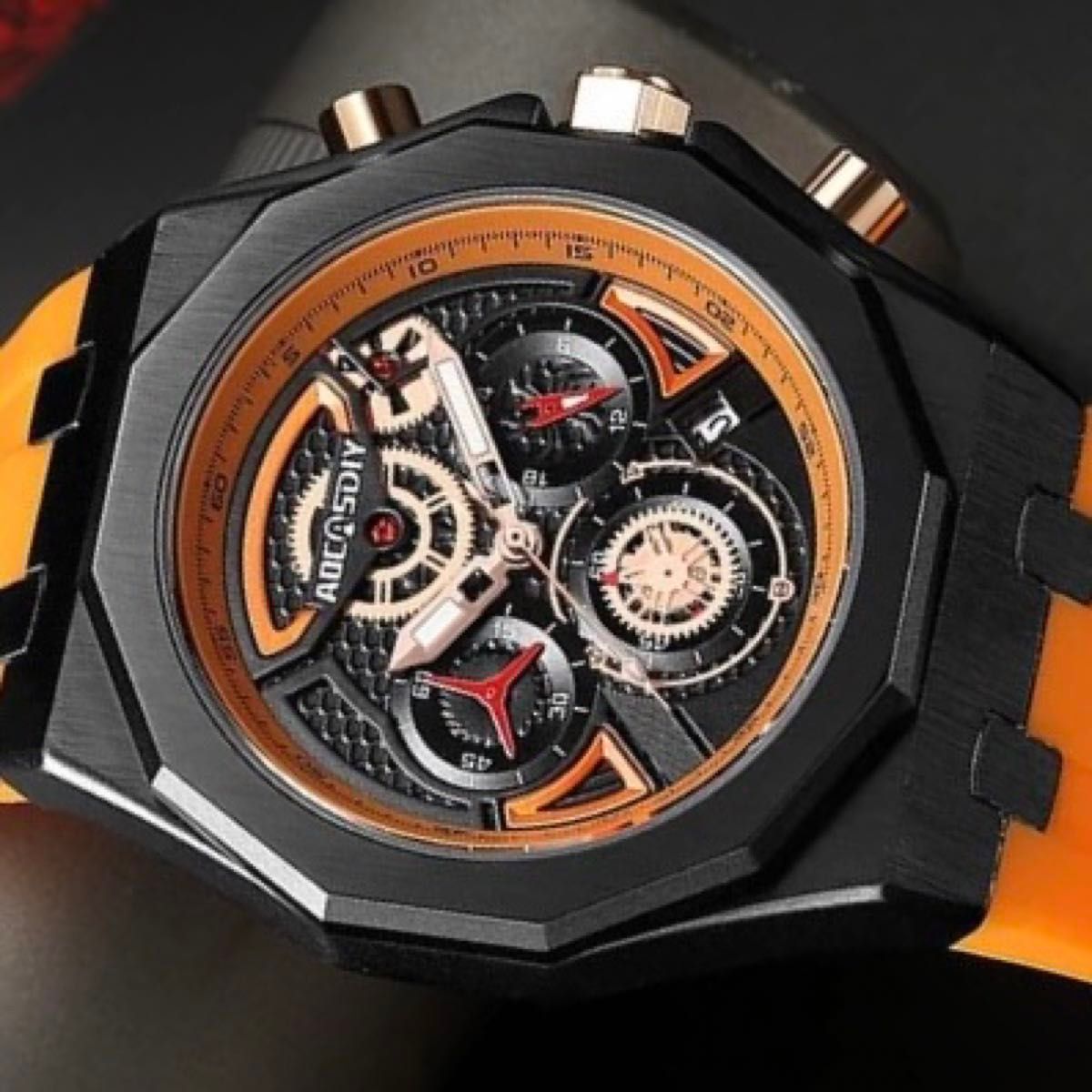 新品 AOCASDIY オマージュクロノグラフ ウォッチ ラバーストラップ メンズ腕時計 オレンジ