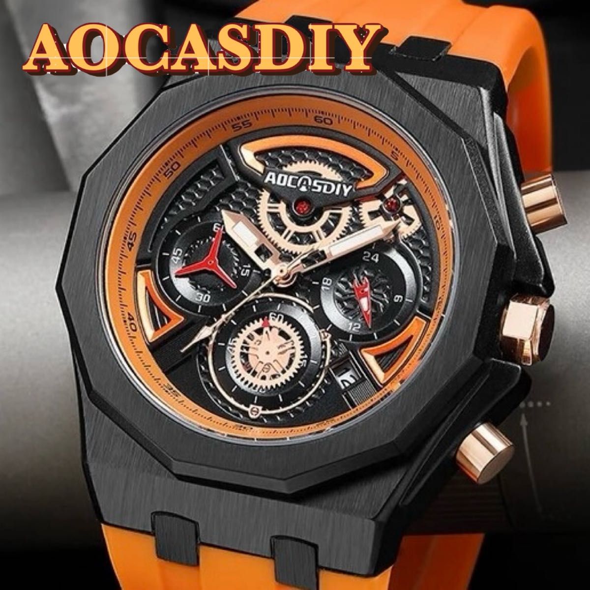 新品 AOCASDIY オマージュクロノグラフ ウォッチ ラバーストラップ メンズ腕時計 オレンジ