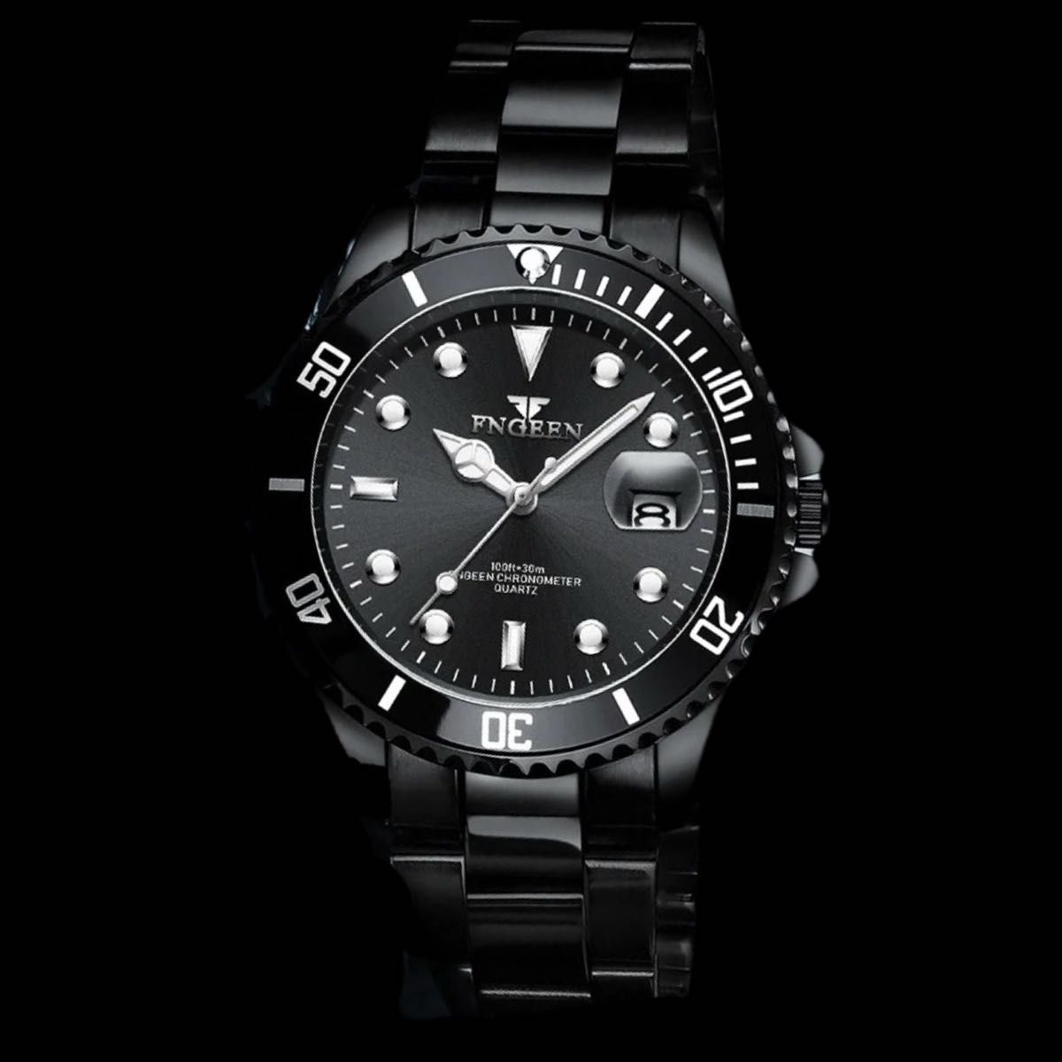 新品 FNGEEN オマージュウォッチ 男性防水 クォーツ時計 男性時計 自動日付 メンズ腕時計 フルブラック
