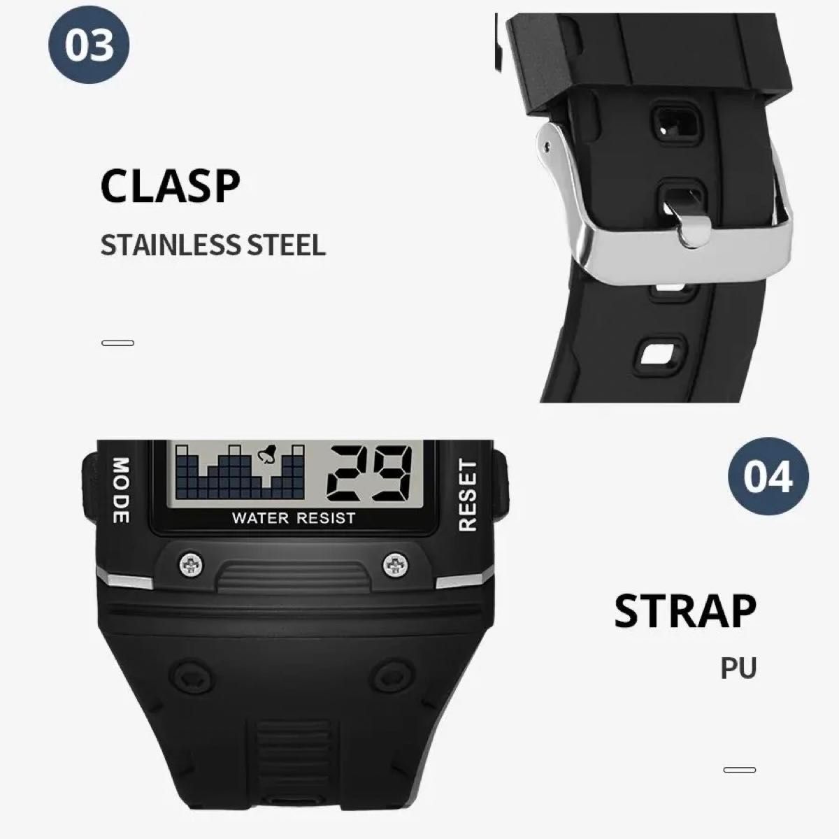 新品 SYNOKE スタイリッシュ 防水 デジタルストップウォッチ メンズ腕時計 スクエア ブラック 9838