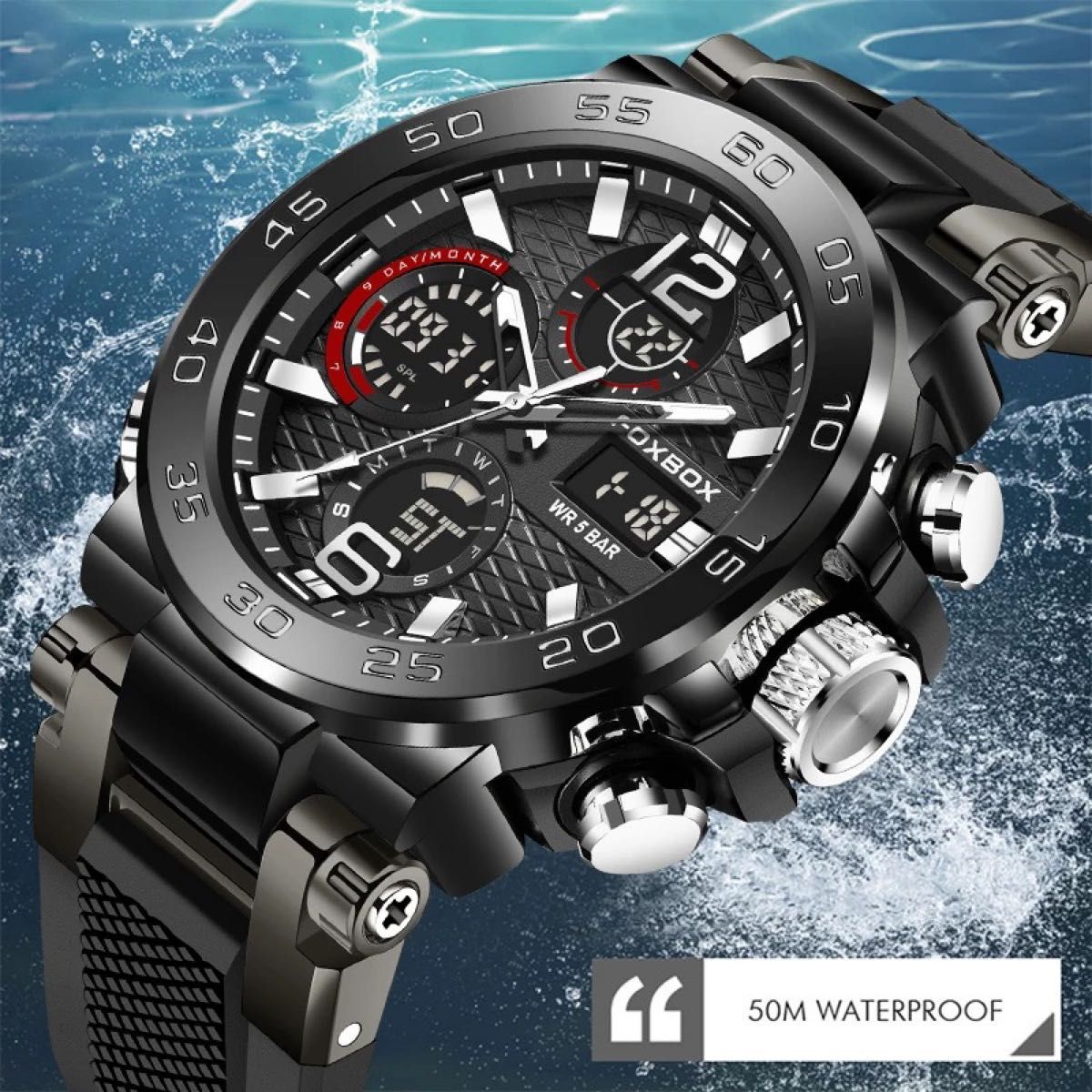 新品 FOXBOX デュアルウォッチ50M防水メンズ腕時計 ラバーストラップ ブラック＋シルバーボタン、リューズ