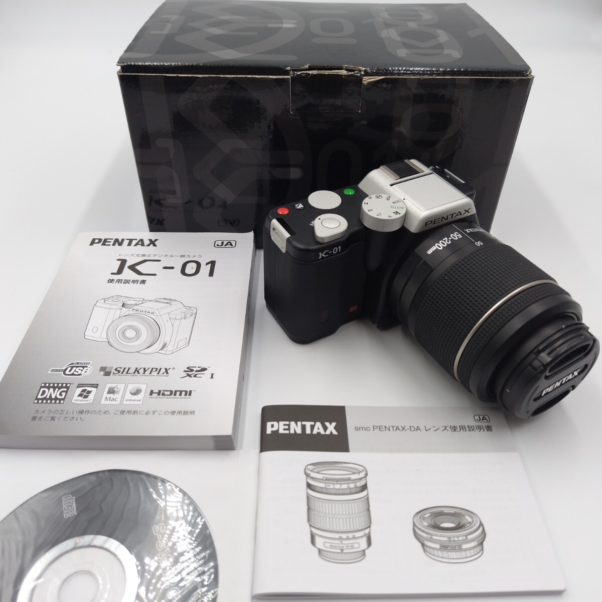 PENTAX ペンタックス ミラーレス K-01 レンズセット smc PENTAX-DAL 50mm-200mm F4-5.6 ブラック×ブラック 取扱説明書 元箱 管理番号(NIS)_画像1