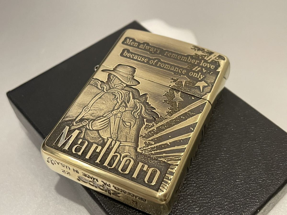 新品 Marlboro Zippoライター マールボロ ジッポー オイルライター AntiqueBrass 真鍮 ゴールド 未使用 喫煙グッズ_画像4