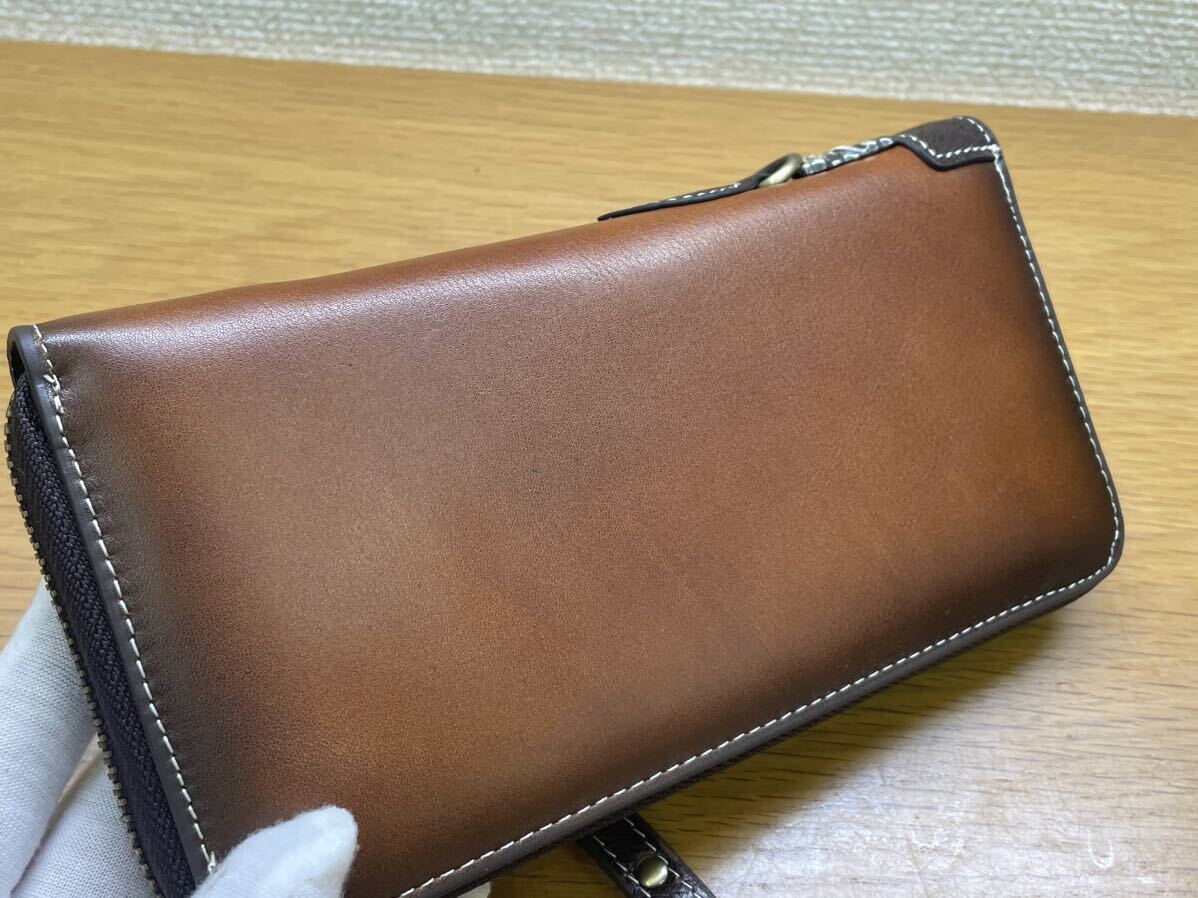 1 jpy new goods Italian original leather hand made long wallet cow leather leather wallet cow cow leather round fastener for man purse Brown 
