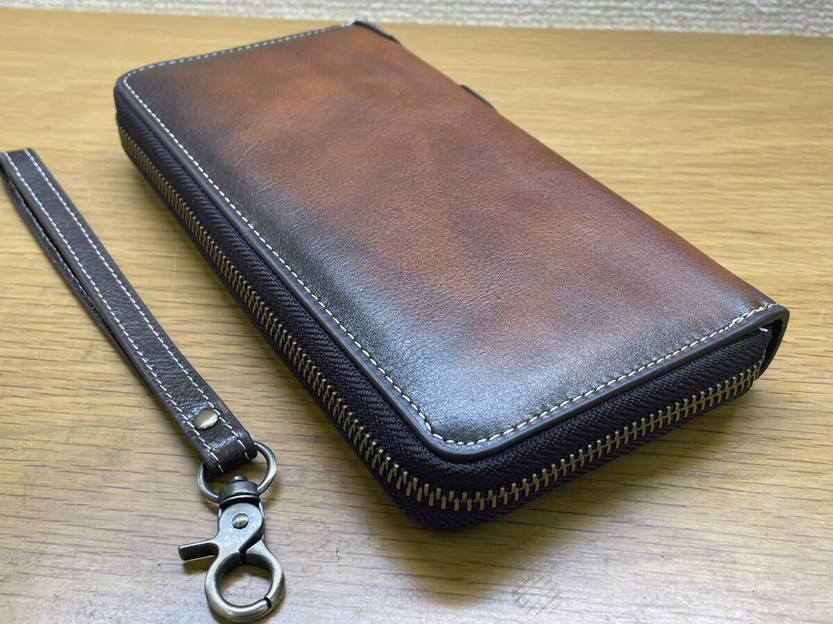 1 jpy new goods Italian original leather hand made long wallet cow leather leather wallet cow cow leather round fastener for man purse Brown 