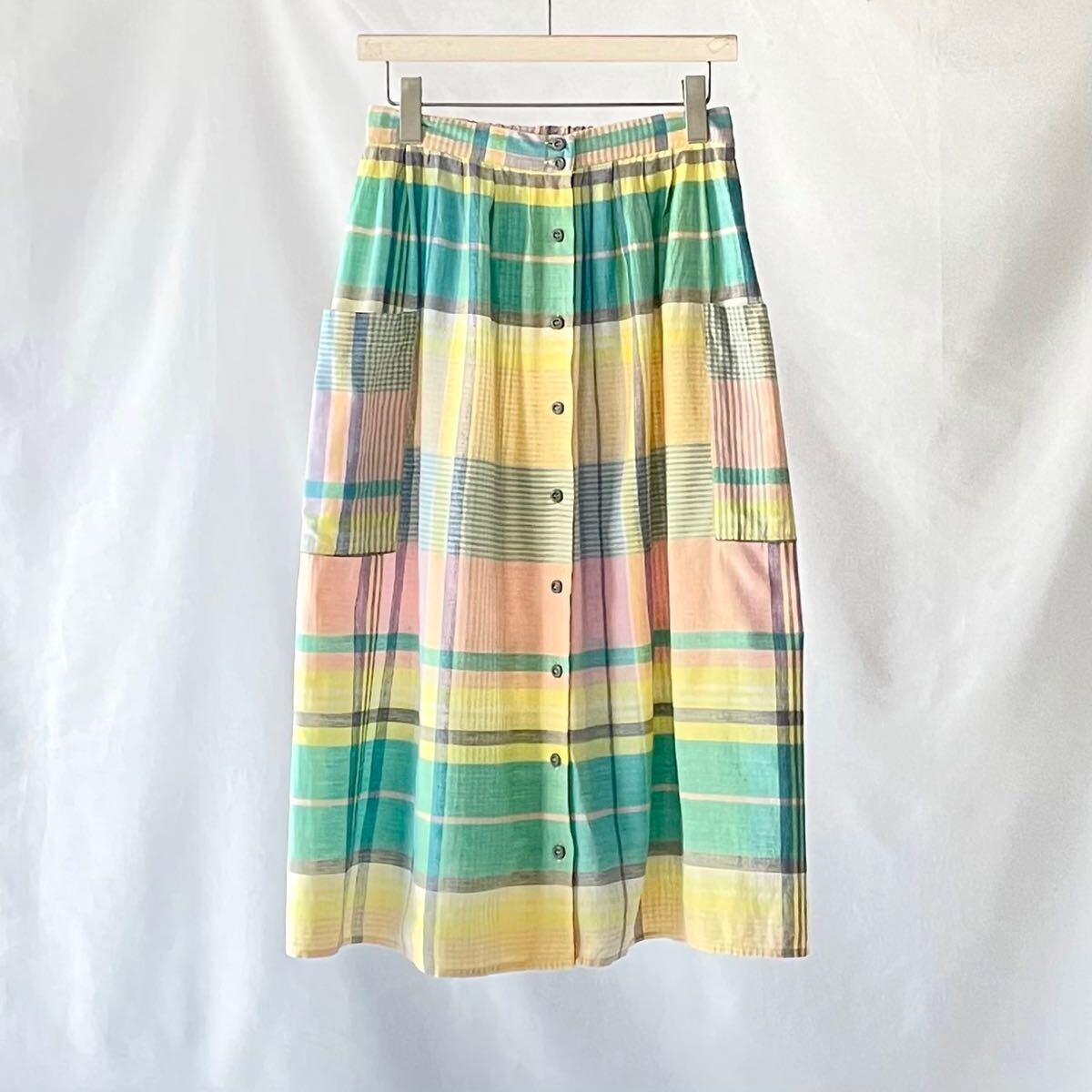 70s vintage インド綿　チェック　パステル　前ボタン　スカート 大きめポケット　古着　70年代