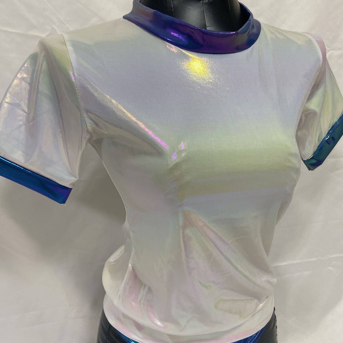 [1 jpy ][ unused ] white silver wet look * tent gram lustre blue * enamel short sleeves gym uniform brumaSE