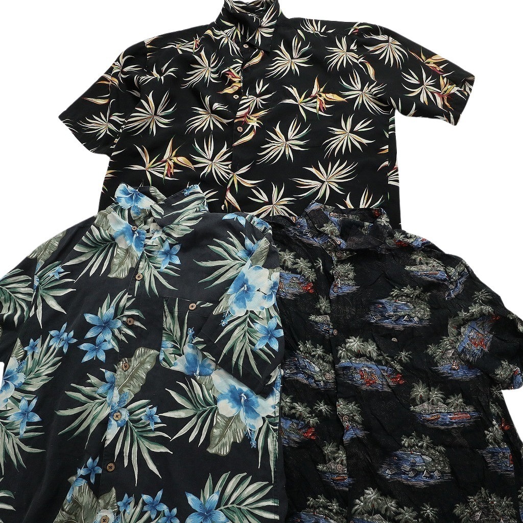 古着卸 まとめ売り 黒ボディ アロハシャツ 半袖シャツ 10枚セット (メンズ XL ) リーフ柄　花柄　ボックス　 MS8494_画像4
