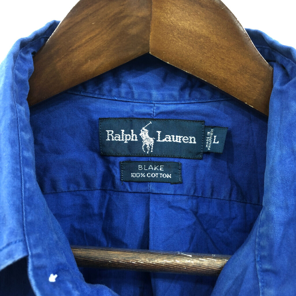 90年代 RALPH LAUREN ラルフローレン BLAKE ボタンダウン 半袖シャツ ワンポイント ブルー (メンズ L) 中古 古着 Q6590_画像8