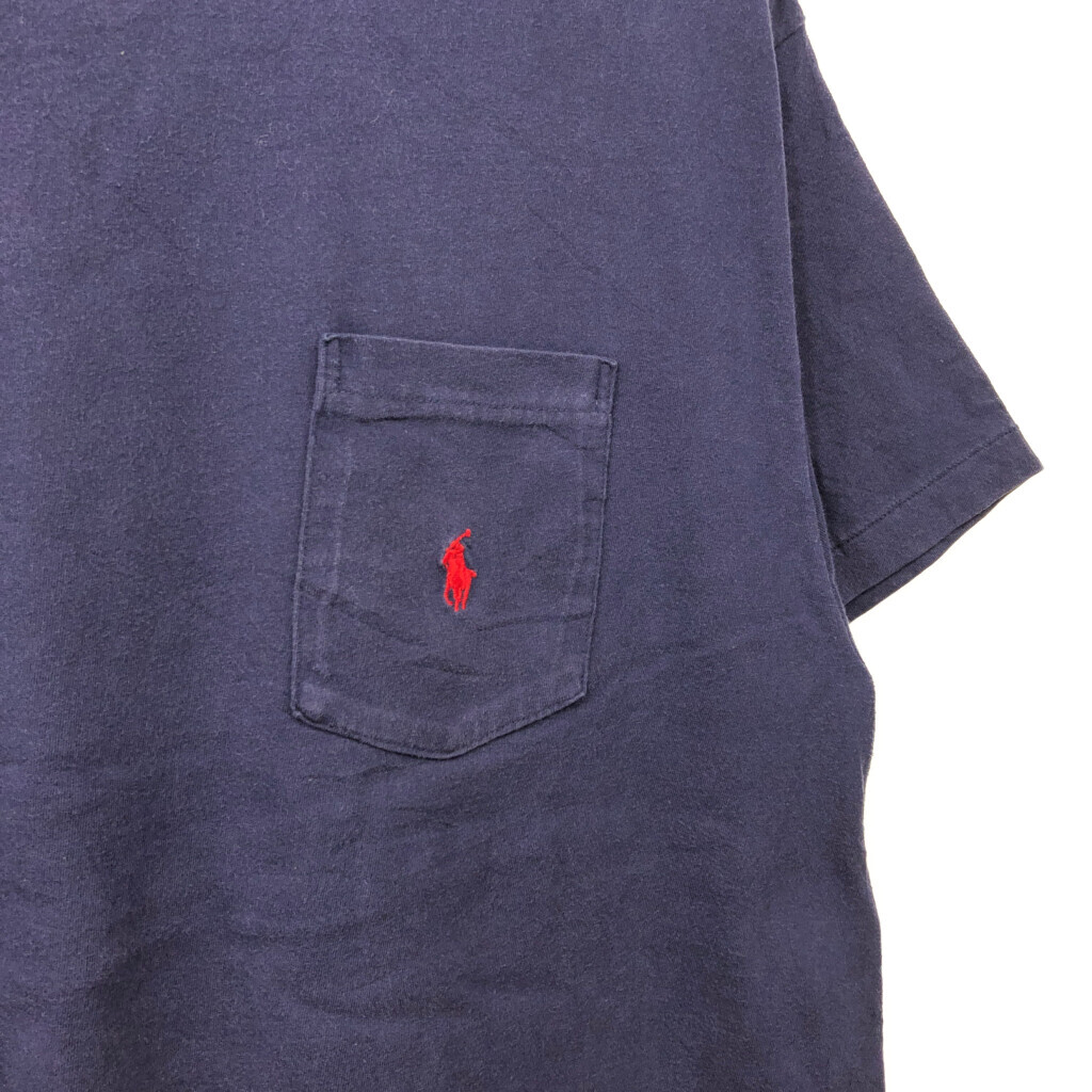 90年代 USA製 Polo by Ralph Lauren ポロ ラルフローレン ポケット 半袖Ｔシャツ ワンポイント ネイビー (メンズ M) 中古 古着 Q6633_画像3