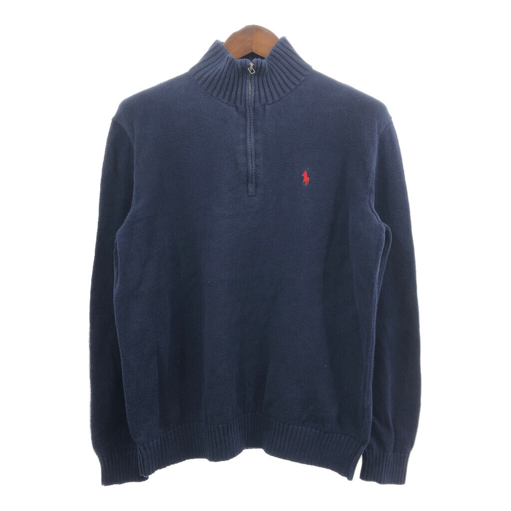 Polo by Ralph Lauren ポロ ラルフローレン ハーフジップ ドライバーズニット セーター ワンポイント ネイビー(メンズ M) 中古 古着 Q7145_画像1