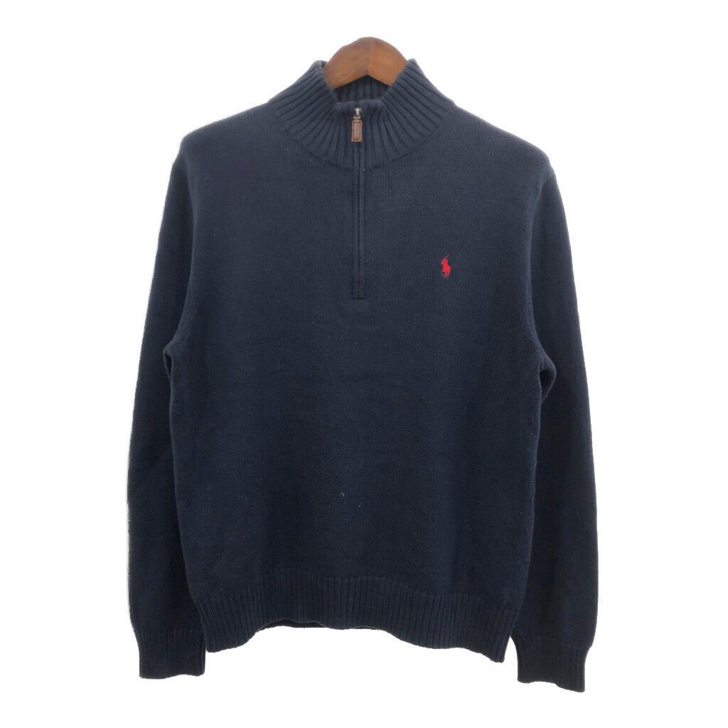 Polo by Ralph Lauren ポロ ラルフローレン ハーフジップ ドライバーズニット セーター ワンポイント ネイビー(メンズ M) 中古 古着 Q7154_画像1