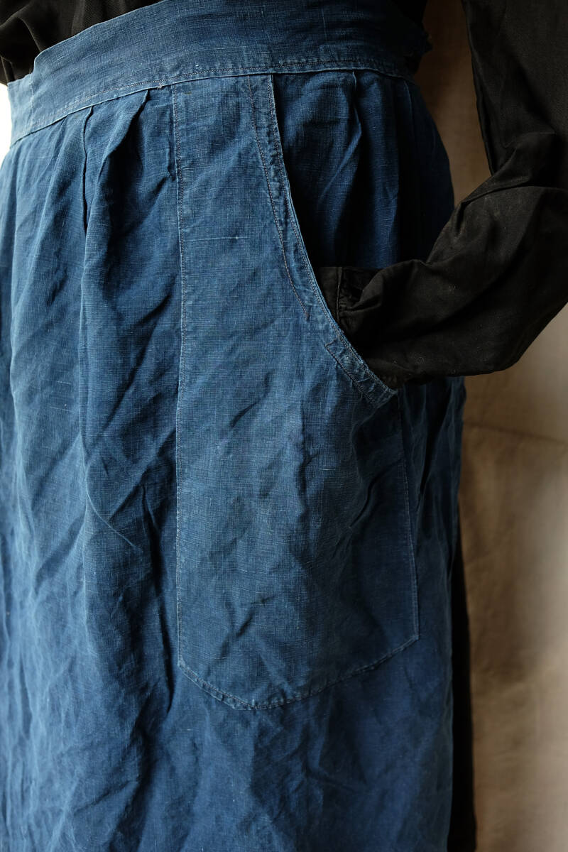 1900\'s France Vintage indigo linen Work ta yellowtail e apron 10s 20s French Vintage makinyon smock jacket 