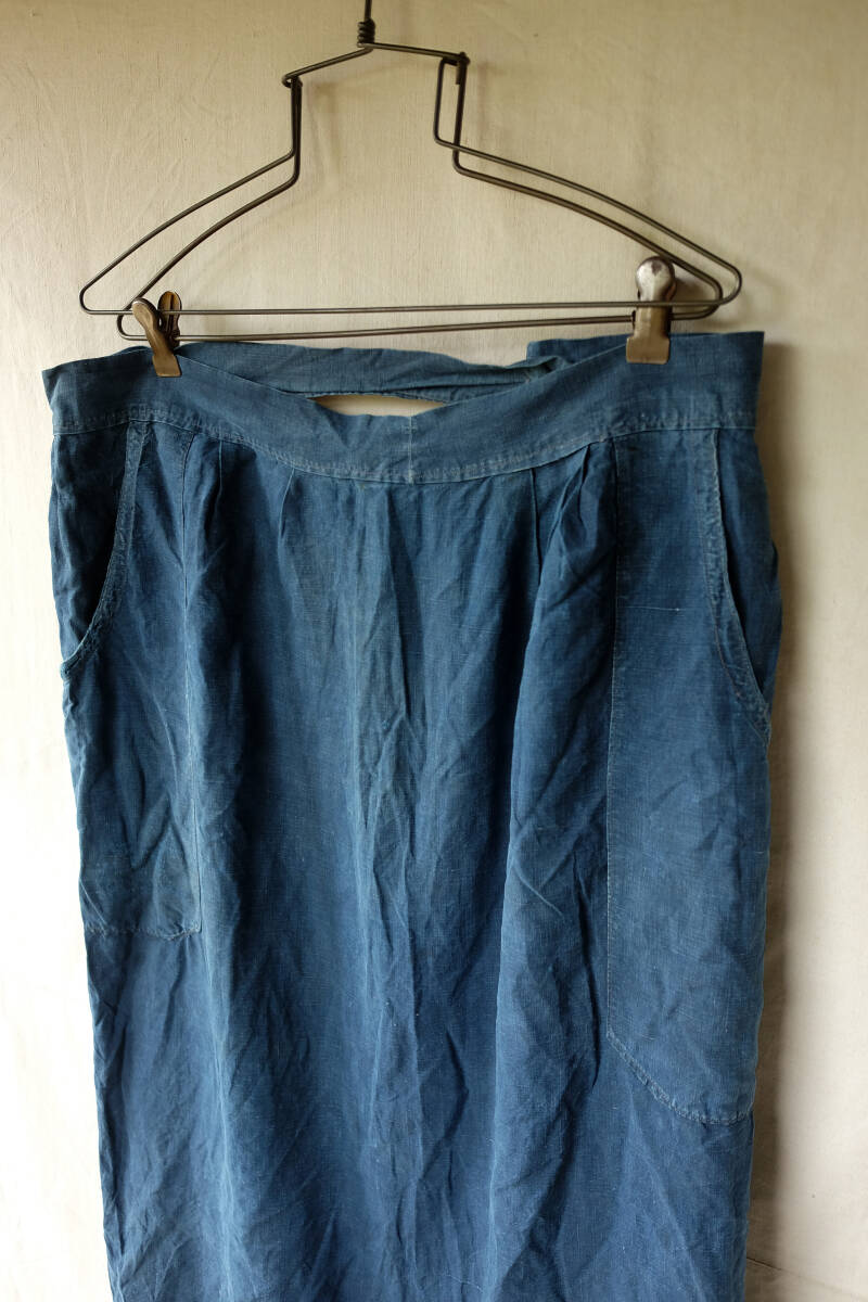 1900\'s France Vintage indigo linen Work ta yellowtail e apron 10s 20s French Vintage makinyon smock jacket 