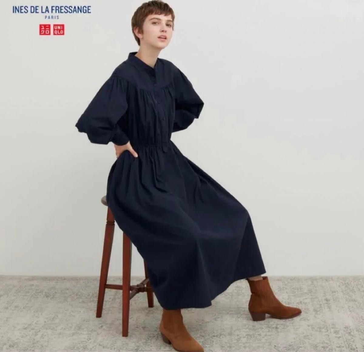 INES DE LA FRESSANGE コットンツイルワンピース　ネイビーS