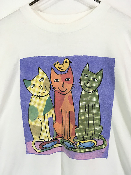 古着 90s USA製 猫 ネコちゃん アニマル ポップ アート Tシャツ L 古着_画像2