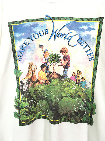 古着 90s USA製 Human-i-Tees 「Make Your World Better」 子供 動物 植物 フォト アート Tシャツ L_画像2