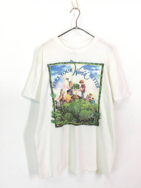 古着 90s USA製 Human-i-Tees 「Make Your World Better」 子供 動物 植物 フォト アート Tシャツ L_画像1