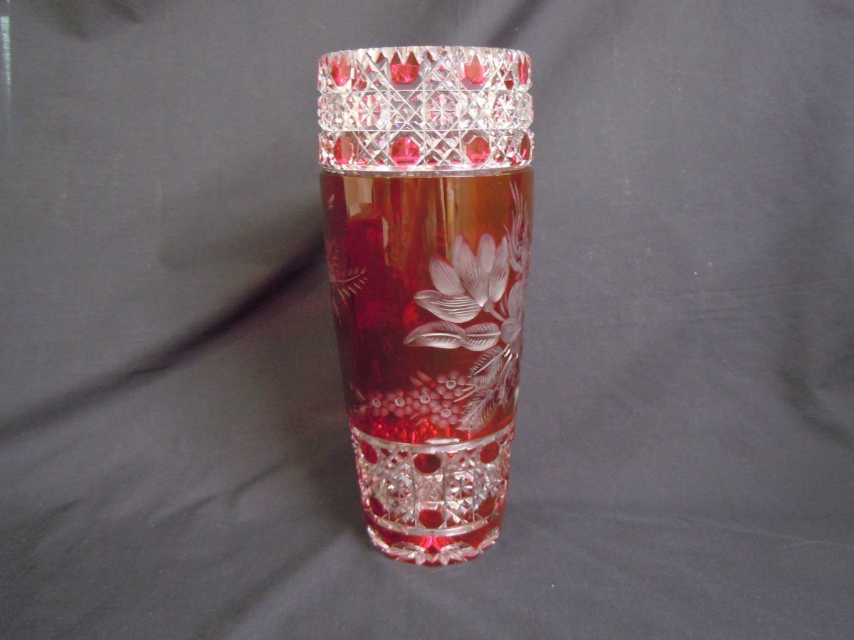 1000 иен старт ваза MEISSEN Meissen crystal порез . красный красный цветочный принт калибр 10.7× высота 28cm цветок основа ваза для цветов принадлежности иметь 4 E①806